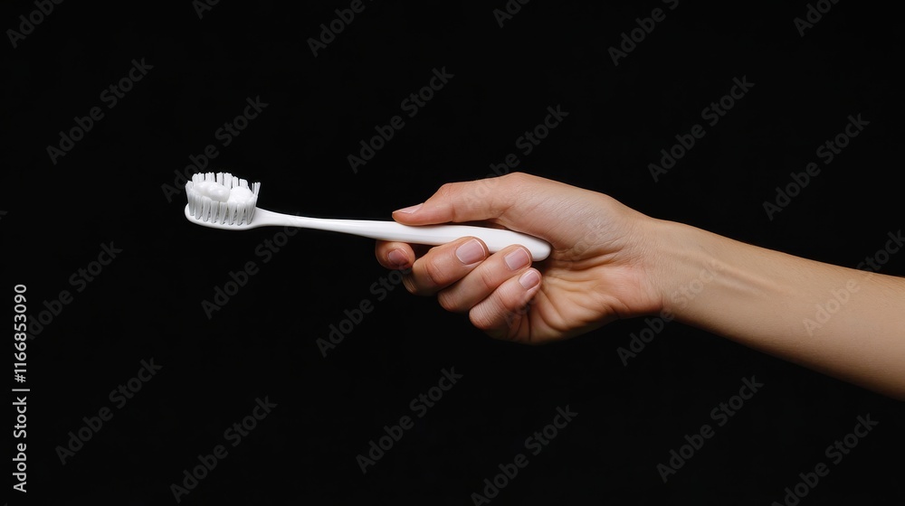 Fototapeta premium Brushing teeth action bathroom environment hygiene content close-up viewpoint oral health concept