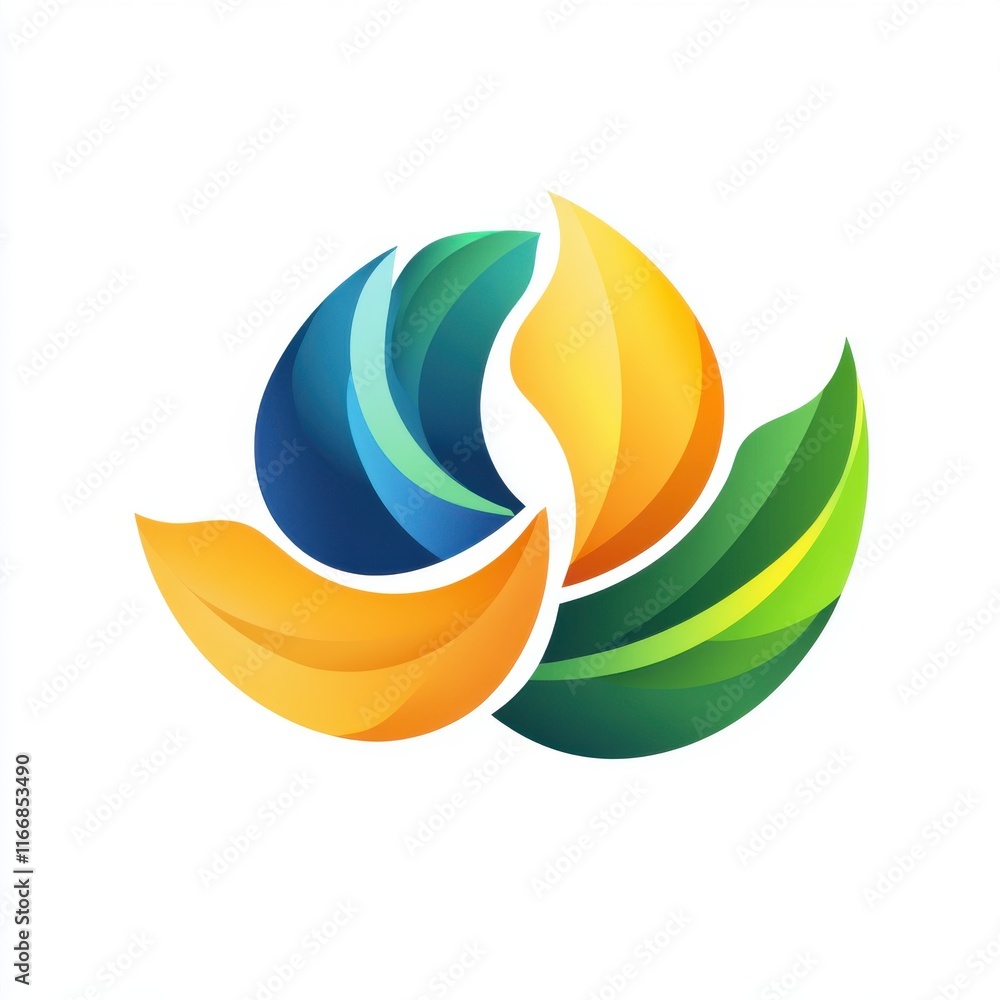 Obraz premium Abstract design featuring flowing leaves in blue, yellow, and green hues representing nature.