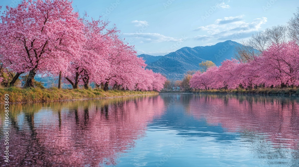 Serene cherry blossoms reflecting on a tranquil waterway, with mountains in the background. Lush pink blossoms line a canal, mirroring perfectly in the calm water. Serene cherry blossoms reflecting on a tranquil waterway, with mountains in the background. Lush pink blossoms line a canal, mirroring perfectly in the calm water.