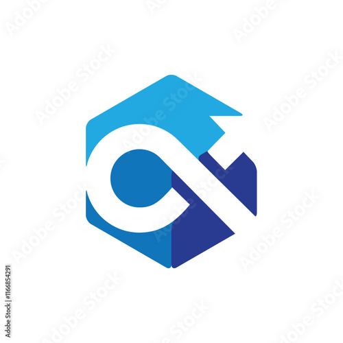 The image shows a flat logo design of an alpha Greek letter with arrow inside a blue hexagonal shape. It looks clean on a white background.