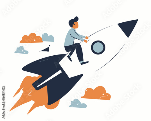 Business Investment Growth with Rocket Boost, Entrepreneur Riding Rocket Increasing Market Returns, Startup Launch Concept in Minimalist SVG Vector Illustration