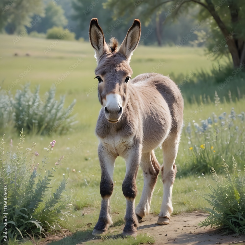 Young Donkey in a Summer Meadow: Serene Pastoral Portrait Young Donkey in a Summer Meadow: Serene Pastoral Portrait