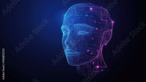 Futuristic Face Recognition Low Poly Wireframe Design - 3D Mesh Art Illustration for Smart Identification Systems and Technology Concepts