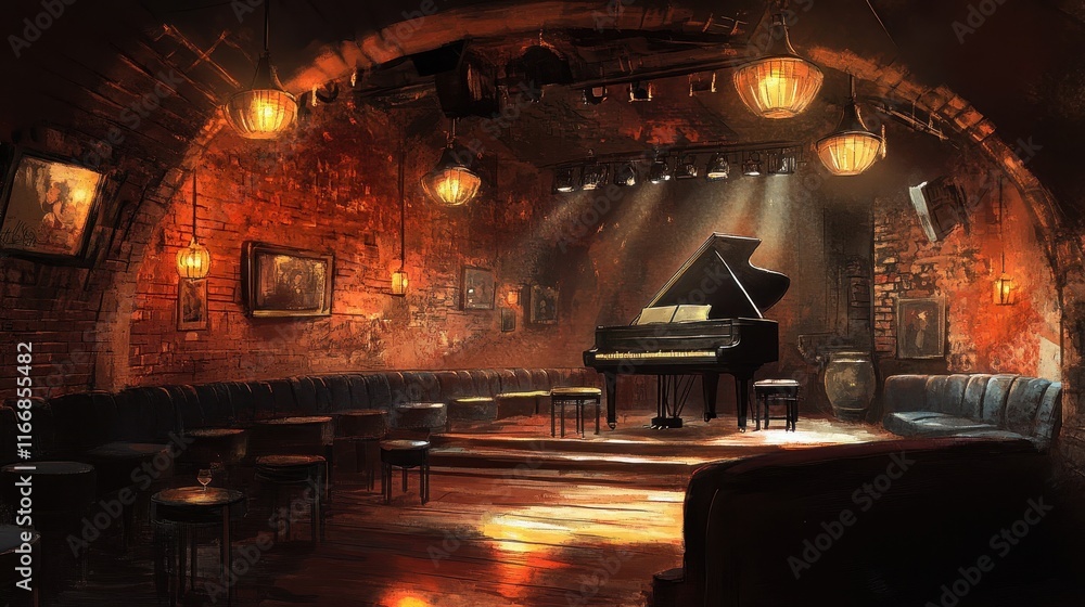 custom made wallpaper toronto digitalUnderground jazz club with brick walls brass instruments and a grand piano illuminated by dim art déco lighting