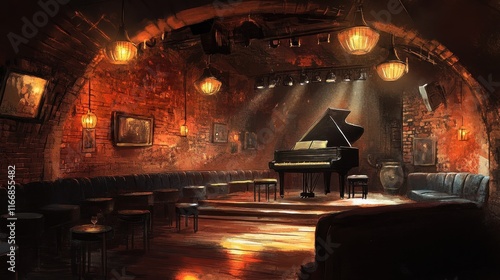 Wallpaper Mural Underground jazz club with brick walls brass instruments and a grand piano illuminated by dim art déco lighting Torontodigital.ca