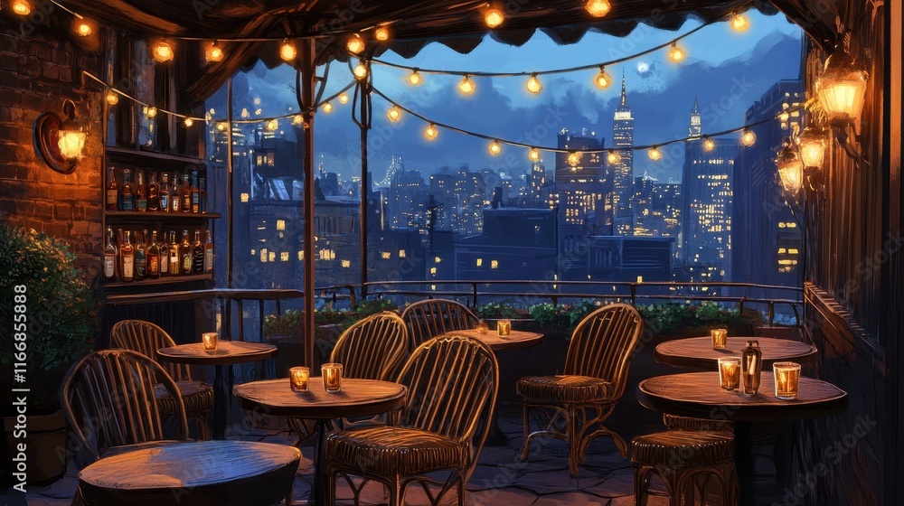 Fototapeta premium Jazz terrace with wicker furniture small tables empty glasses and string lights with a faintly lit city skyline in the background