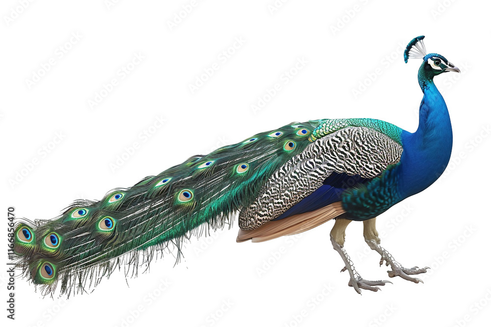 Fototapeta premium Colorful Peacock Showing Off Its Beautiful Plumage Isolated on Transparent Background