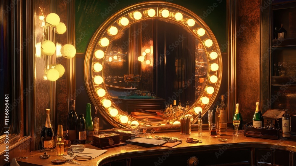 Luxurious dressing room with glowing mirror scattered perfume bottles and soft amber light reflecting off surfaces Luxurious dressing room with glowing mirror scattered perfume bottles and soft amber light reflecting off surfaces