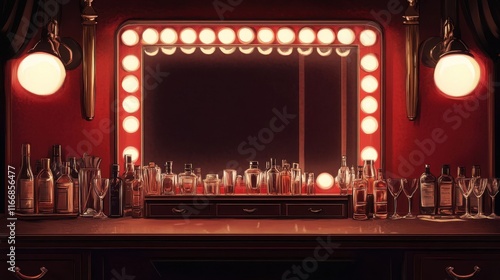 Dressing room with glowing mirror crystal glasses art déco perfume bottles and warm lighting reflections photo