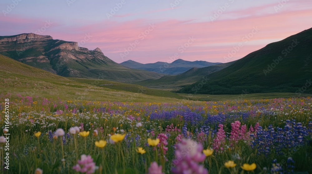Mountain Meadow Wildflowers Sunset Landscape Mountain Meadow Wildflowers Sunset Landscape