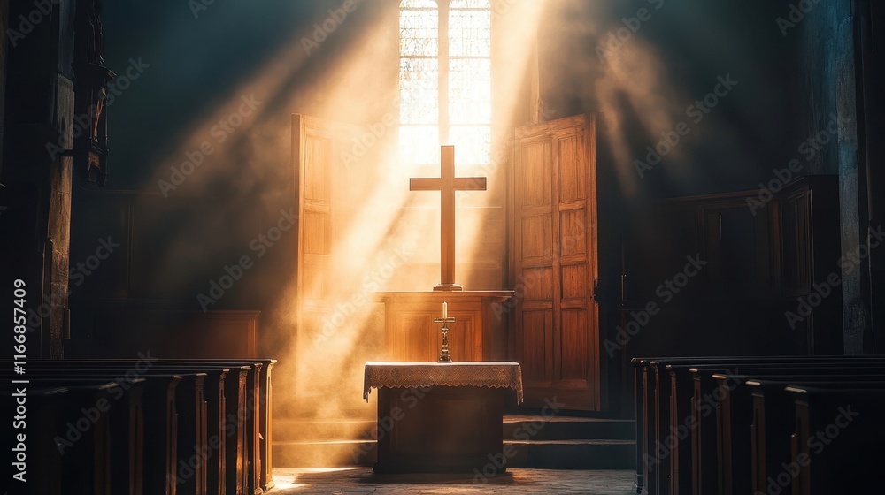 A soft beam of light shines through a chapel door casting peace over the altar A soft beam of light shines through a chapel door casting peace over the altar