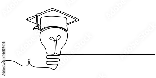 Light bulb and graduation cap continuous line drawn. Creative smart idea symbol. Vector illustration isolated on white, One continuous line drawing of Light Bulb with Graduation Hat. Lightbulb lamp. 
