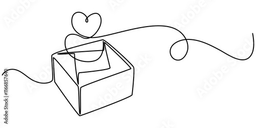 continuous One line drawing of donate box with heart. Concept of help support and volunteer activity in simple linear style, One continuous line drawing of donate box with heart. Minimalist concept. 