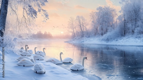 Fototapeta Naklejka Na Ścianę i Meble -  A flock of swans resting on a snowy riverbank, with the icy river reflecting the pale blue and pink hues of a winter sunset.