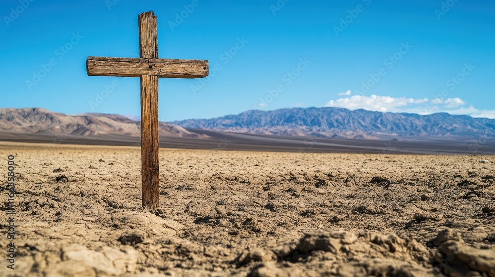 Wooden cross in a barren desert with harsh midday sun casting long shadows Wooden cross in a barren desert with harsh midday sun casting long shadows