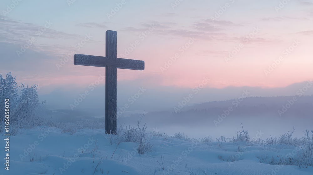 Large wooden cross in the snow with a winter sunrise reflecting soft pink and blue light over the landscape Large wooden cross in the snow with a winter sunrise reflecting soft pink and blue light over the landscape