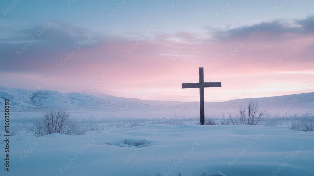 Wooden cross in a snow-covered field with a winter sunrise casting a pink-blue glow over the scene Wooden cross in a snow-covered field with a winter sunrise casting a pink-blue glow over the scene
