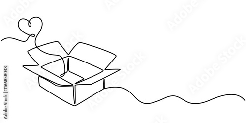 continuous One line drawing of donate box with heart. Concept of help support and volunteer activity in simple linear style, One continuous line drawing of donate box with heart. Minimalist concept. 