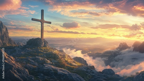 Iron cross on a mountain peak at sunrise with vibrant colors lighting up the rugged terrain below
