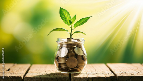 Growing plant with green leaves sprouting from coin-filled jar photo