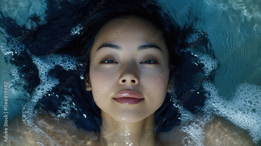 Woman Submerged In Bubbly Water Peaceful Serenity Woman Submerged In Bubbly Water Peaceful Serenity