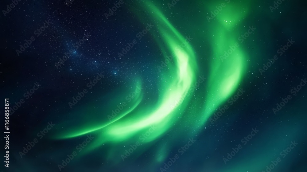 A green aurora borealis in the night sky with stars A green aurora borealis in the night sky with stars