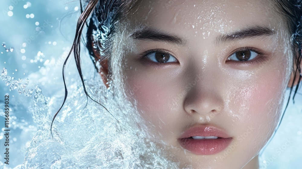 Woman face wet with water splashing around her Woman face wet with water splashing around her