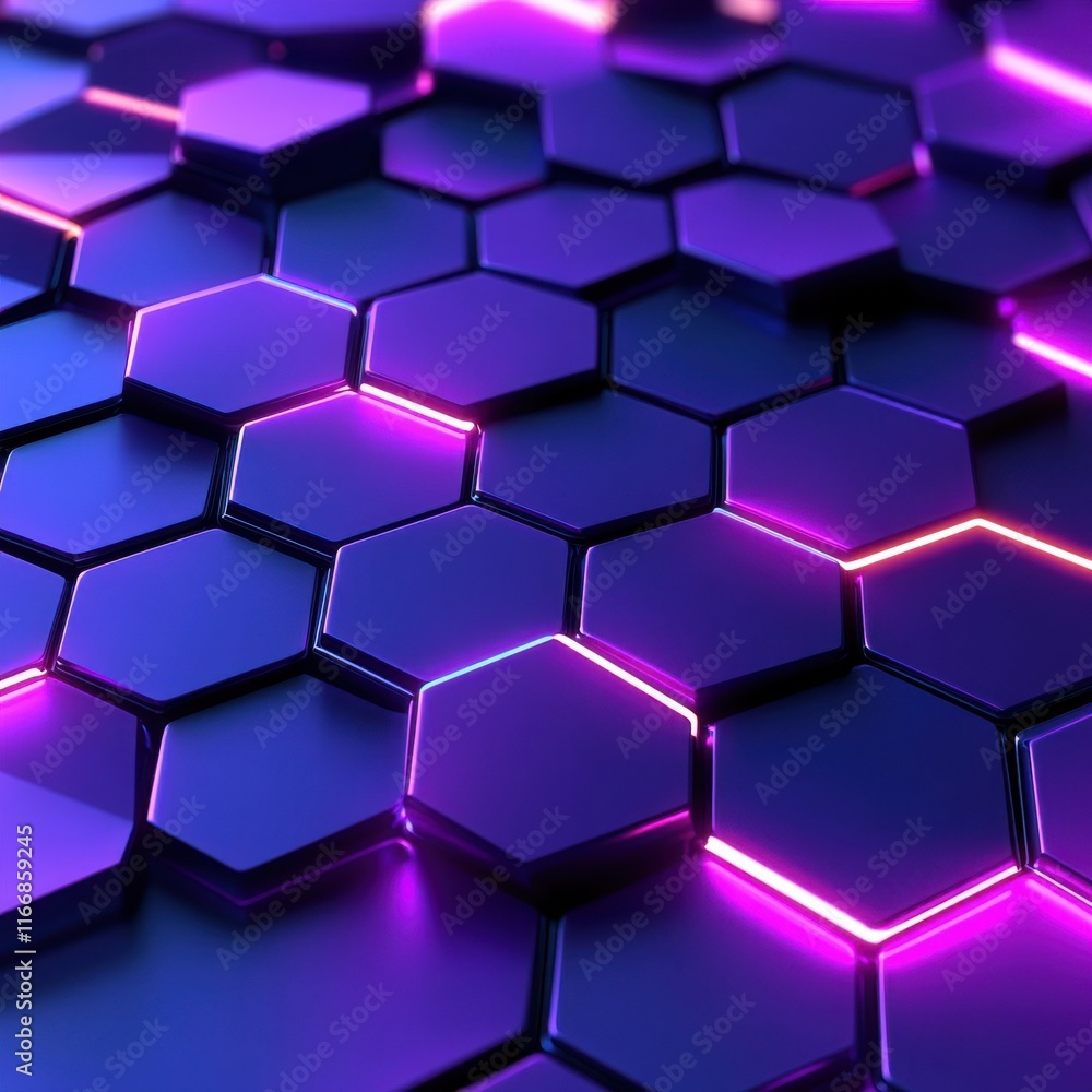 Abstract hexagonal pattern illuminated with vibrant purple and blue lights. Abstract hexagonal pattern illuminated with vibrant purple and blue lights.