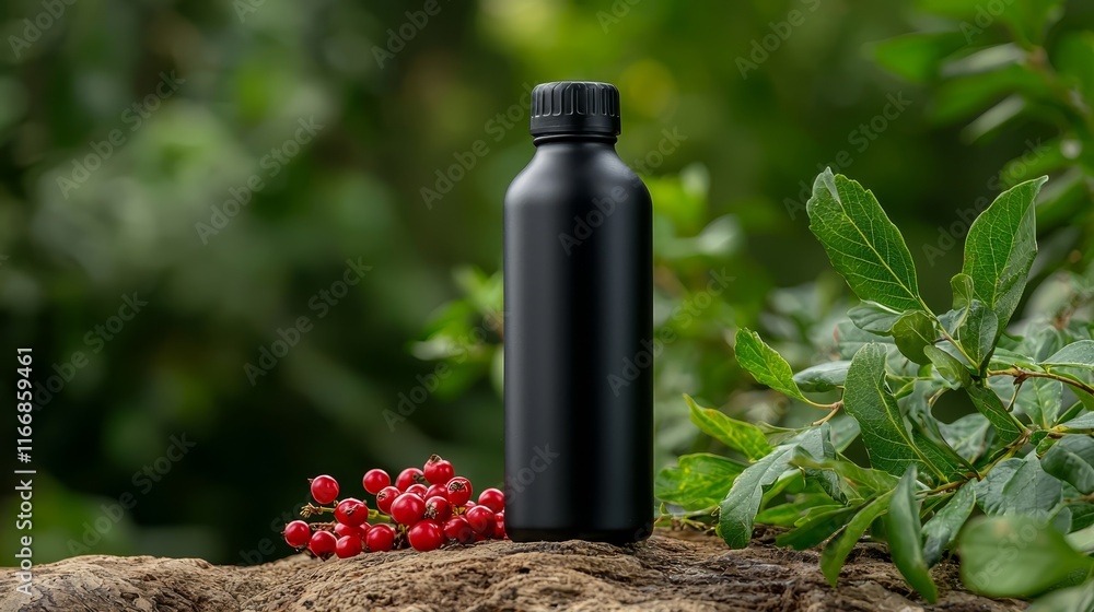 A black bottle sitting on top of a tree stump A black bottle sitting on top of a tree stump