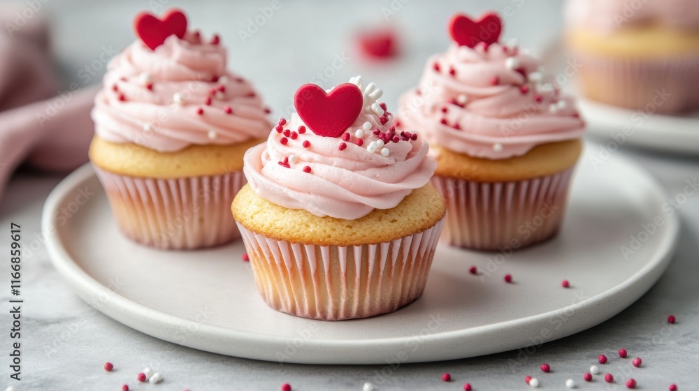 A close-up of beautifully decorated Valentine Day cupcakes topped with heart-shaped sprinkles, pink frosting, and delicate edible flowers on a white plate. A close-up of beautifully decorated Valentine Day cupcakes topped with heart-shaped sprinkles, pink frosting, and delicate edible flowers on a white plate.