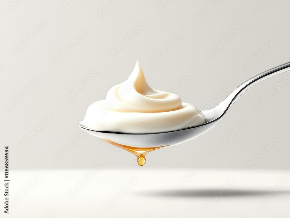 Creamy probiotic yogurt on spoon with honey drip for health and wellness concepts Creamy probiotic yogurt on spoon with honey drip for health and wellness concepts