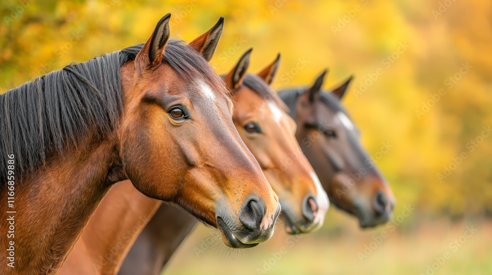 Naklejka premium A group of horses standing next to each other in a field