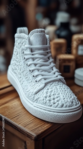 White Knit High Top Sneaker On Wooden Surface