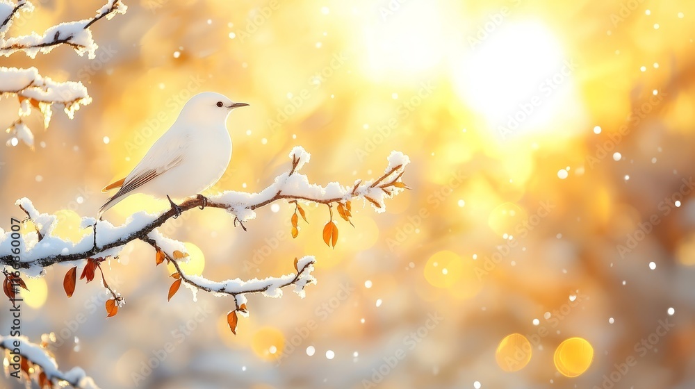 A white bird sitting on a branch covered in snow A white bird sitting on a branch covered in snow