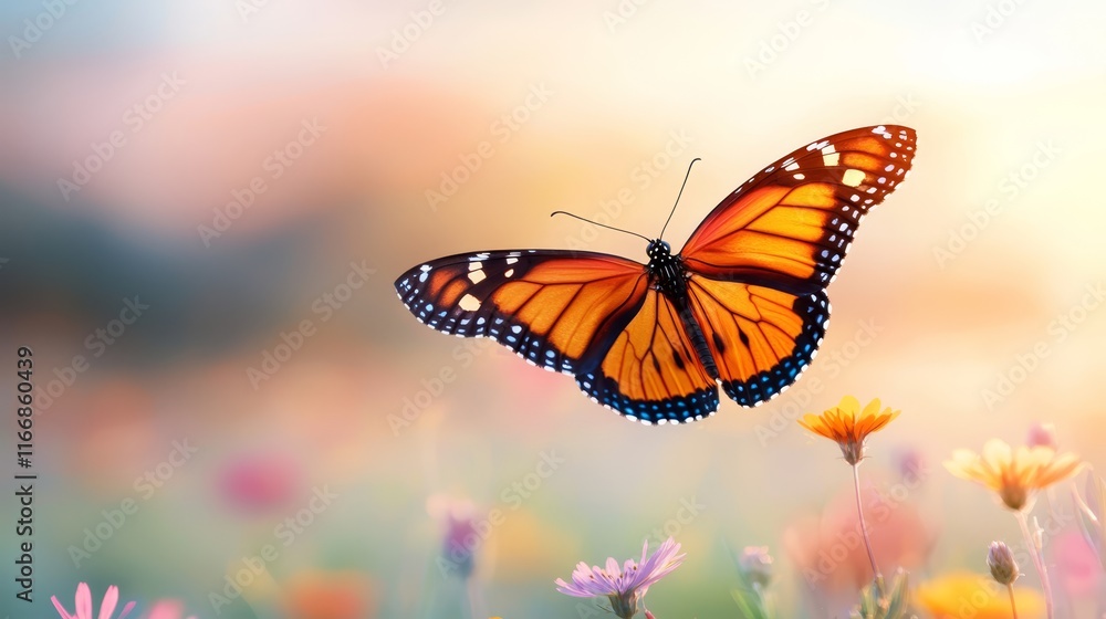 Fototapeta premium A butterfly flying over a field of flowers