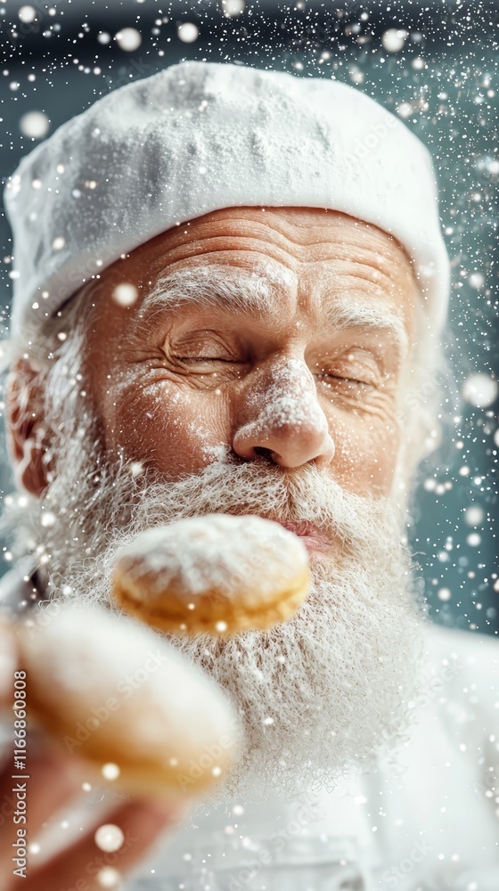 A man with a white beard and a white hat holding a cookie A man with a white beard and a white hat holding a cookie