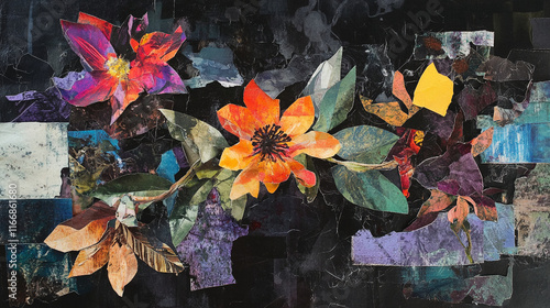 An abstract collage of floral motifs on torn paper fragments, with sharp contrasts on a dark background.