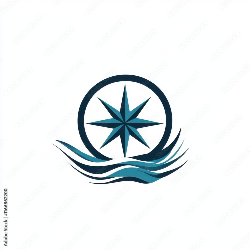 Stylized nautical compass design featuring waves in blue and teal hues. Stylized nautical compass design featuring waves in blue and teal hues.