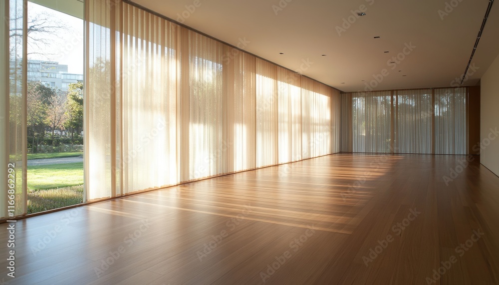 Fototapeta premium Sunlit Modern Room with Hardwood Floor Sheer Curtains and Large Windows Offering a Tranquil View