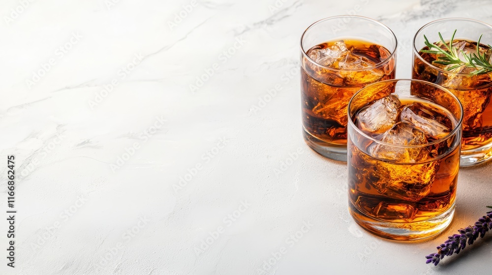Three glasses of whiskey with ice and a sprig of rosemary Three glasses of whiskey with ice and a sprig of rosemary