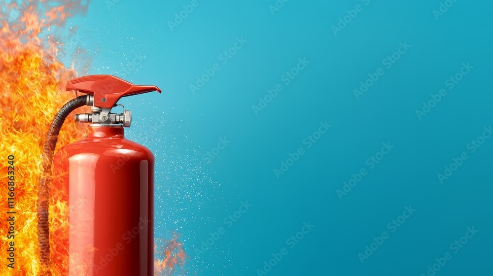 Obraz premium A fire extinguisher on a blue background with flames