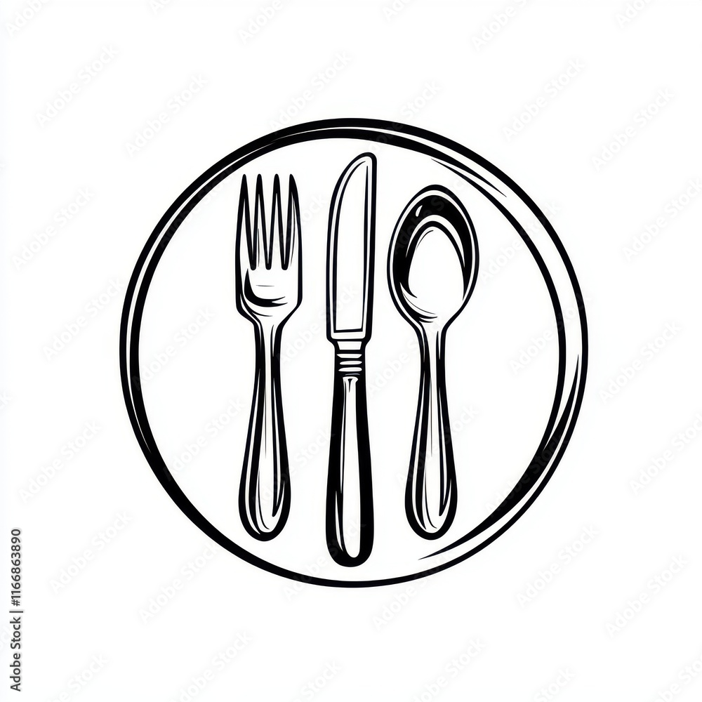 Stylized black and white illustration of dining utensils on a plate. Stylized black and white illustration of dining utensils on a plate.