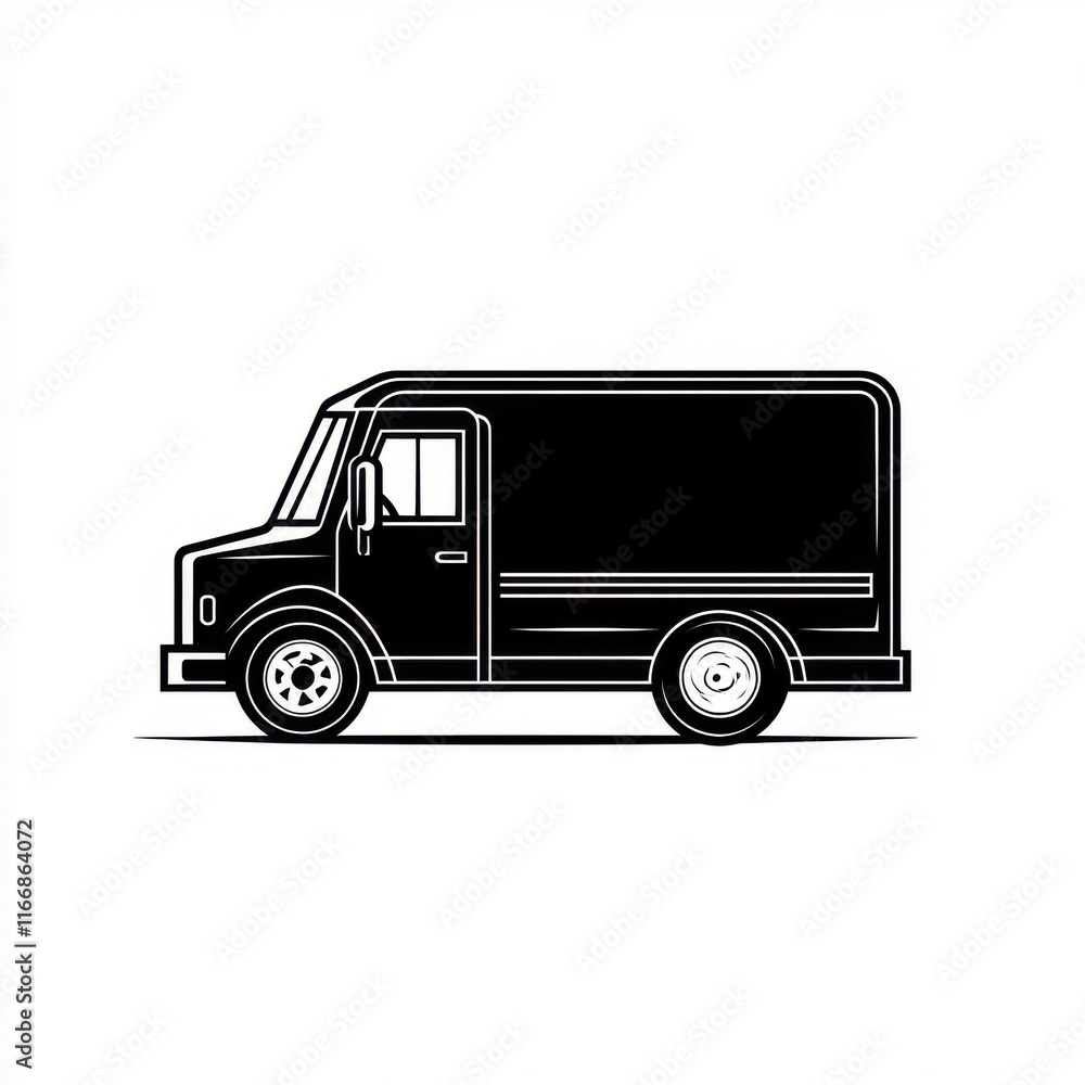 A sleek black delivery truck silhouette against a white background. A sleek black delivery truck silhouette against a white background.