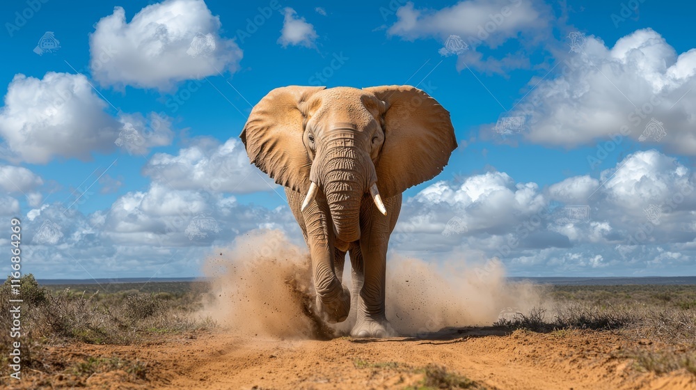 Fototapeta premium A large elephant walking across a dirt field