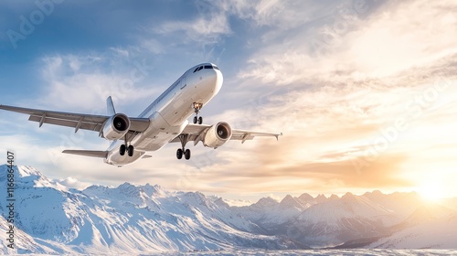 A large passenger jet flying over a snowy mountain range