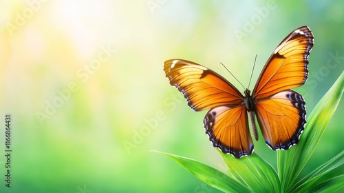 A butterfly sitting on top of a green leaf