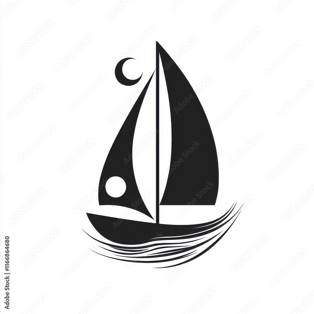 Stylized black and white sailboat design with waves and celestial elements. Stylized black and white sailboat design with waves and celestial elements.