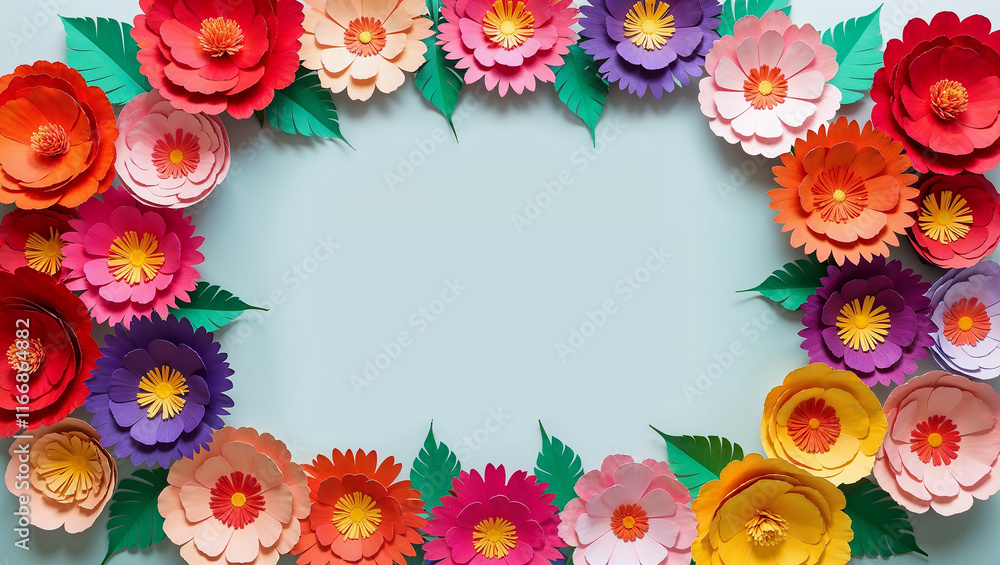 Framed paper flower arrangement with empty center on blue. Framed paper flower arrangement with empty center on blue.