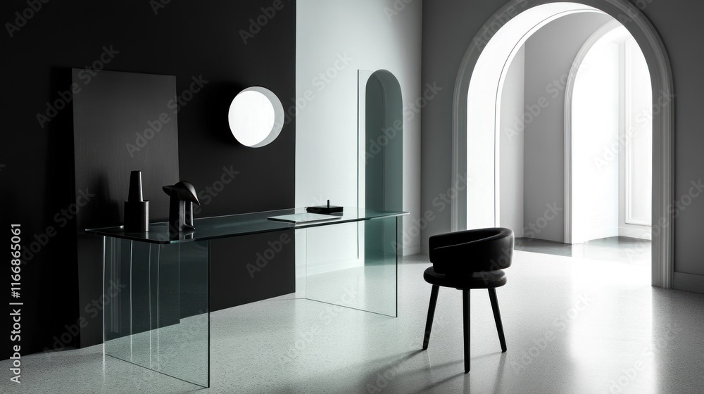 Modern minimalist glass desk and chair in a stylish room Modern minimalist glass desk and chair in a stylish room