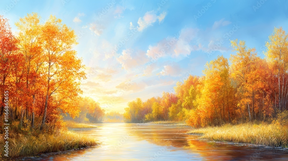 A painting of a river in the middle of a forest A painting of a river in the middle of a forest